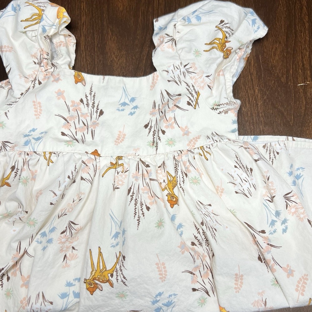 Disney‎ Bambi Girls Dress XS 4/5 Smocked Back Deer Floral Short Sleeve